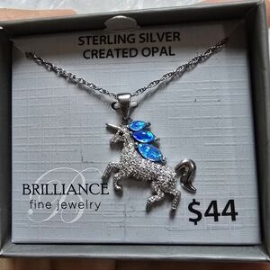 Sterling Silver Unicorn Pendant Created BlueOpal 18” Necklace Fairy Magic Whimsy